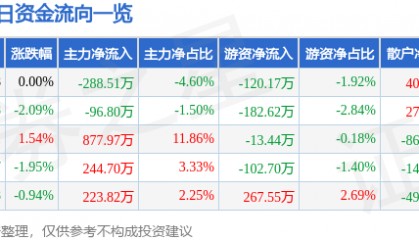 股票行情快报：深深房Ａ（000029）2月21日主力资金净卖出288.51万元