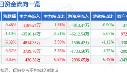 股票行情快报:山金国际(000975)9月3日主力资金净买入1187.24万元