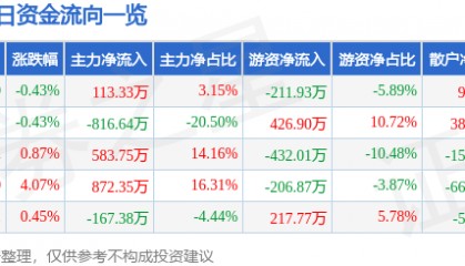股票行情快报:栖霞建设(600533)1月17日主力资金净买入113.33万元