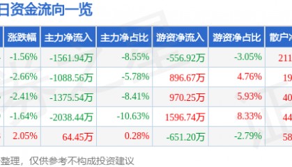 股票行情快报：吉电股份（000875）1月3日主力资金净卖出1561.94万元