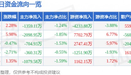 股票行情快报:山金国际(000975)9月30日主力资金净卖出1359.11万元