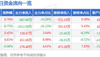 股票行情快报：恒源煤电（600971）6月11日主力资金净卖出987.86万元