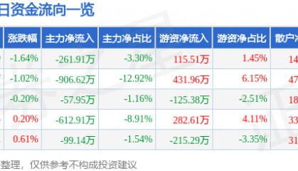 股票行情快报：国网英大（600517）5月23日主力资金净卖出261.91万元