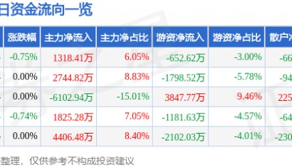 股票行情快报：永泰能源（600157）7月1日主力资金净买入1318.41万元