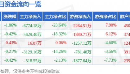 股票行情快报:华能水电(600025)9月15日主力资金净卖出6774.18万元