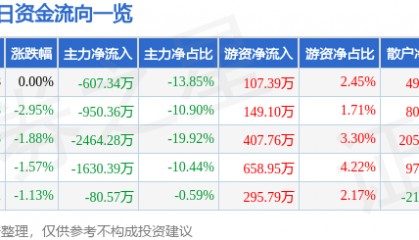 股票行情快报：双环科技（000707）8月1日主力资金净卖出607.34万元