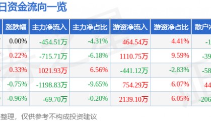 股票行情快报:华能水电(600025)8月6日主力资金净卖出454.51万元
