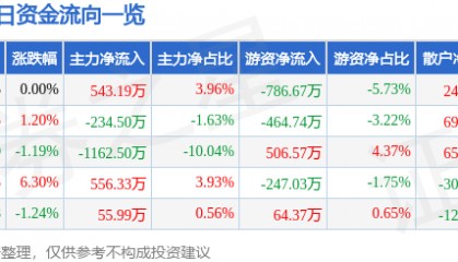 股票行情快报:华丽家族(600503)1月17日主力资金净买入543.19万元