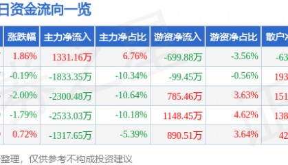 股票行情快报：吉电股份（000875）12月24日主力资金净买入1331.16万元