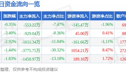 股票行情快报：九鼎投资（600053）3月4日主力资金净卖出553.22万元