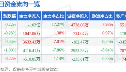 股票行情快报:山金国际(000975)8月19日主力资金净卖出1.03亿元