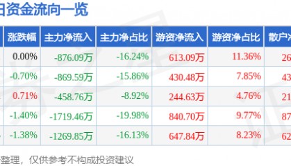 股票行情快报:*ST金科(000656)8月5日主力资金净卖出876.09万元