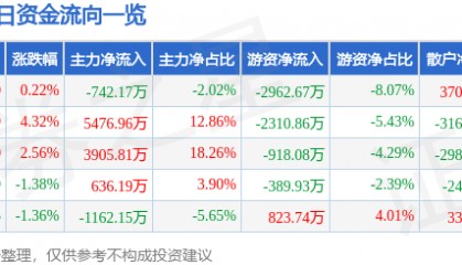 股票行情快报：鹏欣资源（600490）8月5日主力资金净卖出742.17万元