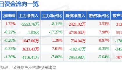 股票行情快报:山金国际(000975)8月20日主力资金净卖出5553.76万元