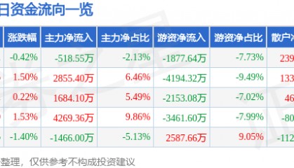 股票行情快报:华能水电(600025)9月9日主力资金净卖出518.55万元