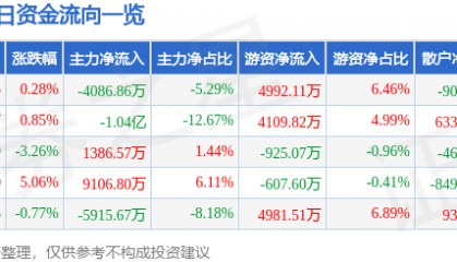 股票行情快报:山金国际(000975)9月12日主力资金净卖出4086.86万元