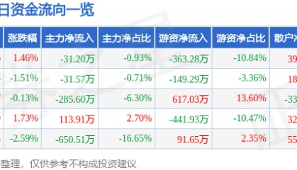 股票行情快报：九鼎投资（600053）4月1日主力资金净卖出31.20万元