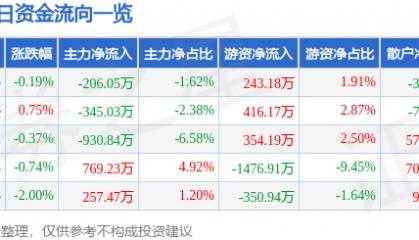 股票行情快报：国网英大（600517）7月18日主力资金净卖出206.05万元