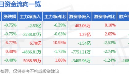 股票行情快报：包钢股份（600010）8月20日主力资金净卖出2.53亿元