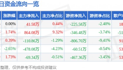股票行情快报：大湖股份（600257）6月10日主力资金净买入41.58万元