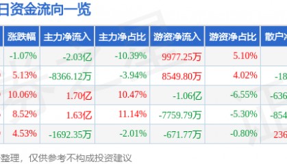 股票行情快报：鹏欣资源（600490）10月14日主力资金净卖出2.03亿元