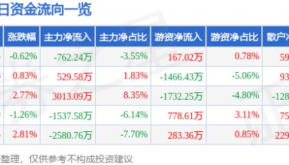 股票行情快报：鹏欣资源（600490）8月19日主力资金净卖出762.24万元