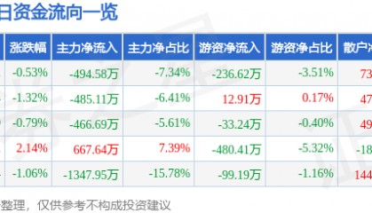 股票行情快报：星星科技（300256）3月13日主力资金净卖出494.58万元
