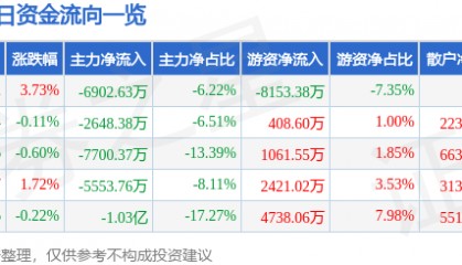 股票行情快报:山金国际(000975)8月25日主力资金净卖出6902.63万元