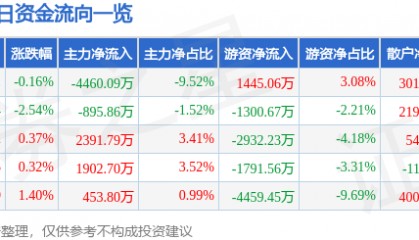 股票行情快报:山金国际(000975)8月12日主力资金净卖出4460.09万元