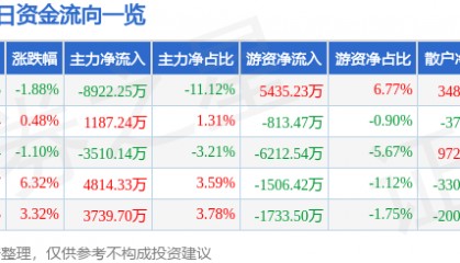 股票行情快报:山金国际(000975)9月4日主力资金净卖出8922.25万元