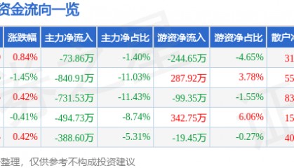 股票行情快报：动力源（600405）6月11日主力资金净卖出73.86万元