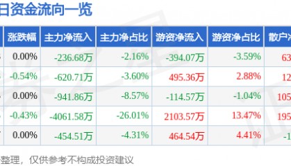 股票行情快报:华能水电(600025)8月12日主力资金净卖出236.68万元