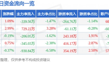 股票行情快报：国网英大（600517）7月22日主力资金净卖出339.56万元