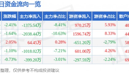 股票行情快报：吉电股份（000875）12月31日主力资金净卖出1375.54万元