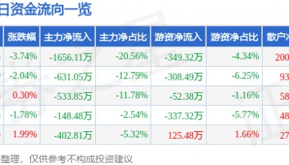 股票行情快报：九鼎投资（600053）3月20日主力资金净卖出1656.11万元