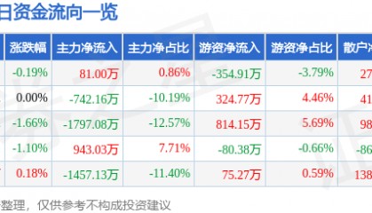 股票行情快报：国网英大（600517）8月4日主力资金净买入81.00万元