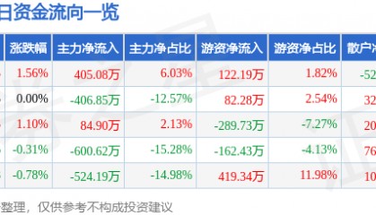 股票行情快报：双环科技（000707）7月10日主力资金净买入405.08万元