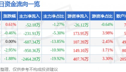股票行情快报：双环科技（000707）8月5日主力资金净卖出52.18万元