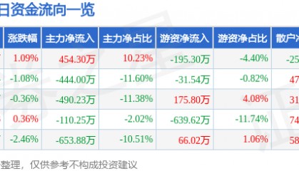 股票行情快报：国创高新（002377）3月6日主力资金净买入454.30万元