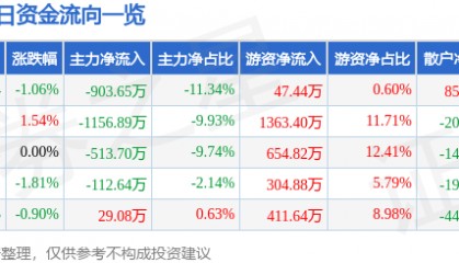 股票行情快报：双环科技（000707）8月19日主力资金净卖出903.65万元