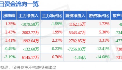 股票行情快报：山金国际（000975）9月24日主力资金净卖出1079.58万元