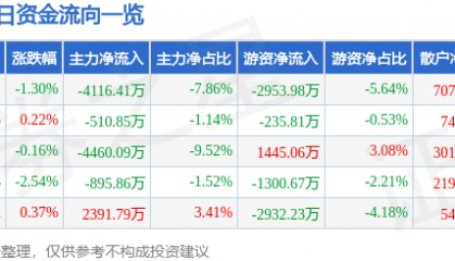 股票行情快报:山金国际(000975)8月14日主力资金净卖出4116.41万元