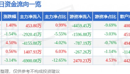股票行情快报:山金国际(000975)8月6日主力资金净买入453.80万元