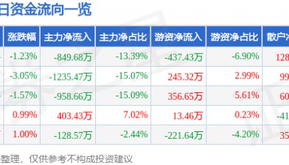 股票行情快报：九鼎投资（600053）4月22日主力资金净卖出849.68万元