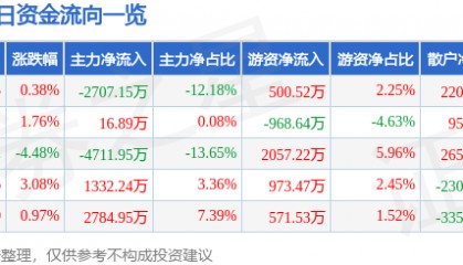 股票行情快报：神剑股份（002361）2月20日主力资金净卖出2707.15万元