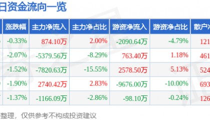 股票行情快报:山金国际(000975)7月29日主力资金净买入874.10万元
