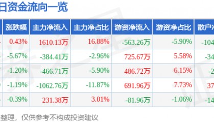 股票行情快报：荣安地产（000517）12月24日主力资金净买入1610.13万元