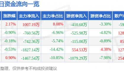 股票行情快报：江南化工（002226）2月12日主力资金净买入1007.19万元