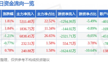 股票行情快报：中山公用（000685）4月29日主力资金净买入5311.40万元