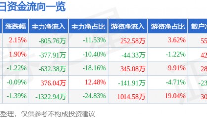 股票行情快报：瑞泰科技（002066）3月17日主力资金净卖出805.76万元